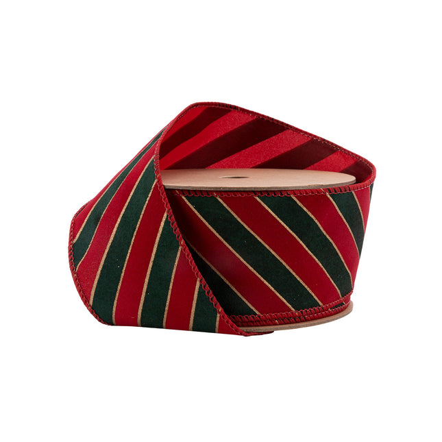 2 1/2" Wired Ribbon | Green Stripes on Red w Red Back | 10 Yard Roll LA Ribbons Wholesale