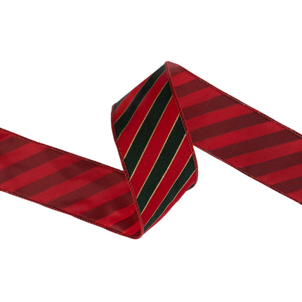 2 1/2" Wired Ribbon | Green Stripes on Red w Red Back | 10 Yard Roll LA Ribbons Wholesale