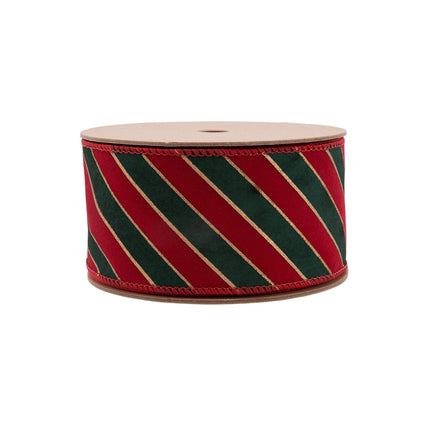 2 1/2" Wired Ribbon | Green Stripes on Red w Red Back | 10 Yard Roll LA Ribbons Wholesale
