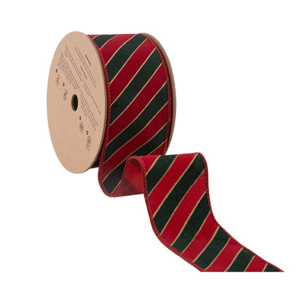 2 1/2" Wired Ribbon | Green Stripes on Red w Red Back | 10 Yard Roll LA Ribbons Wholesale