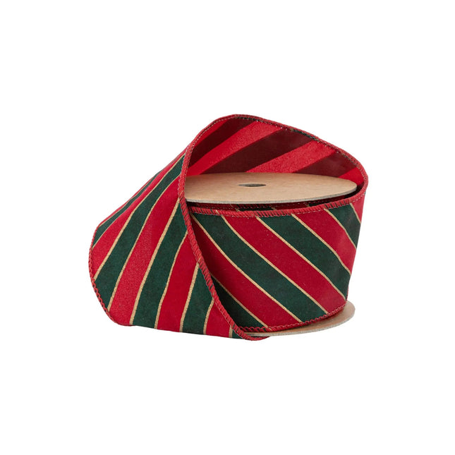 2 1/2" Wired Ribbon | Green Stripes on Red w Red Back | 10 Yard Roll LA Ribbons Wholesale