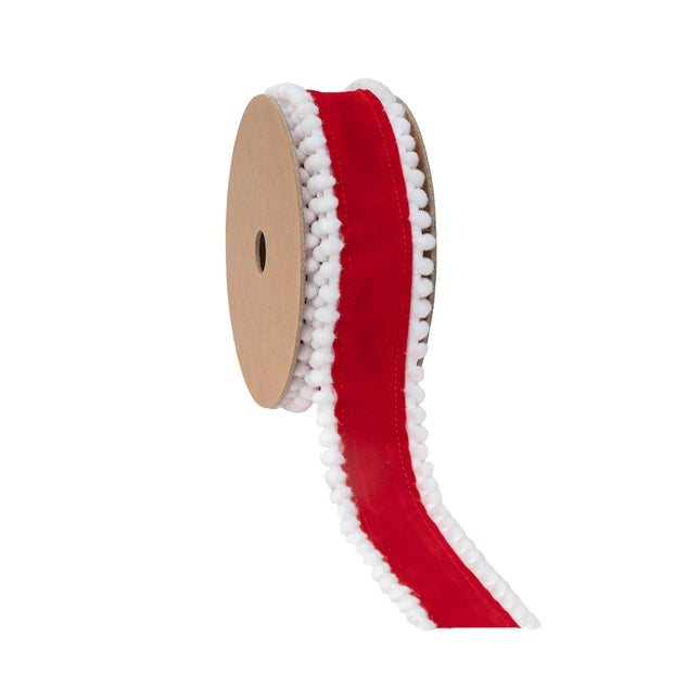 1 1/2" Unwired Ribbon | Red with White Pom-pom Edge | 10 Yard Roll LA Ribbons Wholesale