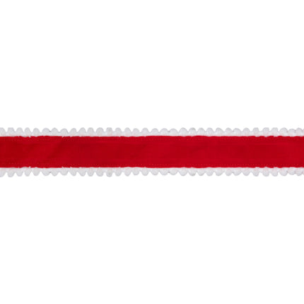 Red Unwired Ribbon with White Pom-Pom Edges, Smooth Red Fabric, Delicate Pom-Pom Detailing