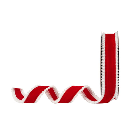 Red Unwired Ribbon with White Pom-Poms, Soft Velvet-Like Texture, Eye-Catching Design