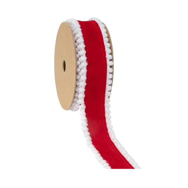 1 1/2" Unwired Ribbon | Red with White Pom-pom Edge | 10 Yard Roll LA Ribbons Wholesale
