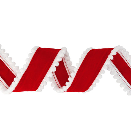  Red Unwired Ribbon, Both Sides with White Pom-Pom Edges, Rich Red Fabric, Textured Look
