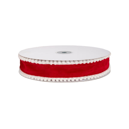 1.5" Red Unwired Ribbon Spool, Full Roll with White Pom-Pom Edges, Striking Red & White Contrast