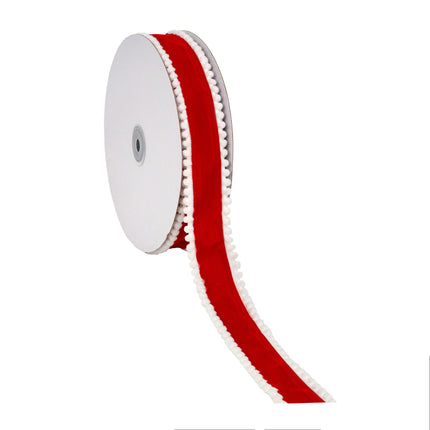 1.5" Red Unwired Ribbon Roll with White Pom-Pom Edges, Vibrant Color, Neatly Wound