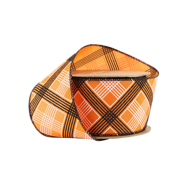 2 1/2" Wired Ribbon | Black/White Bias Plaid on Orange | 10 Yard Roll LaRibbons and Crafts