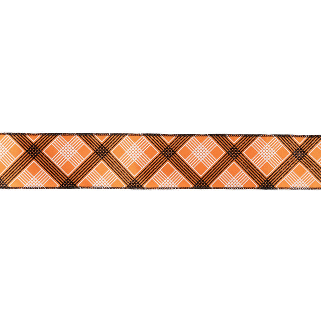 2 1/2" Wired Ribbon | Black/White Bias Plaid on Orange | 10 Yard Roll LaRibbons and Crafts