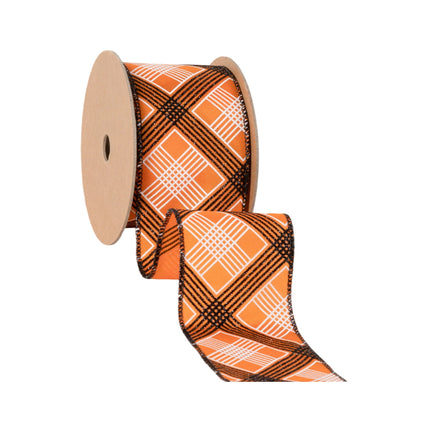 2 1/2" Wired Ribbon | Black/White Bias Plaid on Orange | 10 Yard Roll LaRibbons and Crafts