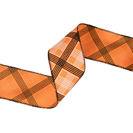 2 1/2" Wired Ribbon | Black/White Bias Plaid on Orange | 10 Yard Roll LaRibbons and Crafts