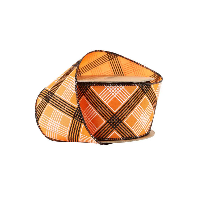 2 1/2" Wired Ribbon | Black/White Bias Plaid on Orange | 10 Yard Roll LaRibbons and Crafts