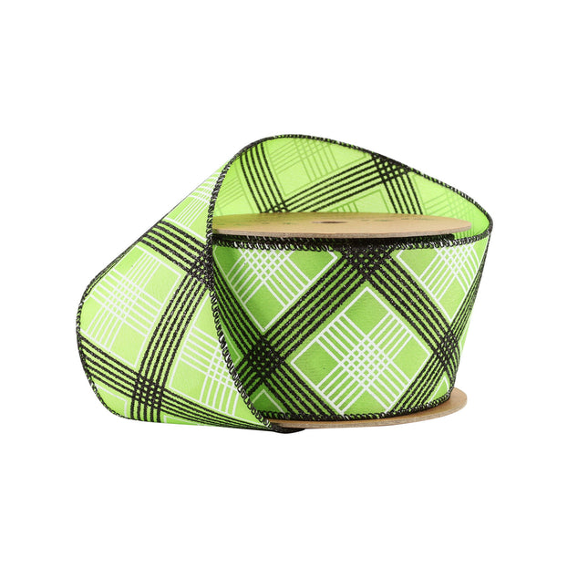 2 1/2" Wired Ribbon | Black/White Bias Plaid on Green | 10 Yard Roll LaRibbons and Crafts