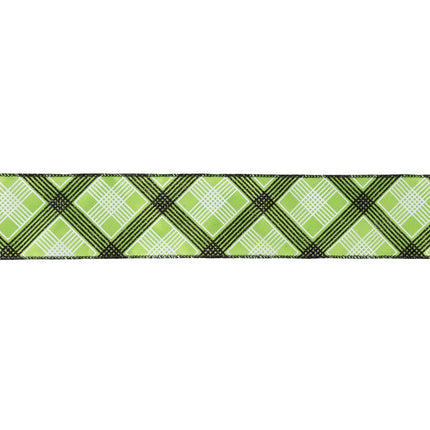 2 1/2" Wired Ribbon | Black/White Bias Plaid on Green | 10 Yard Roll LaRibbons and Crafts