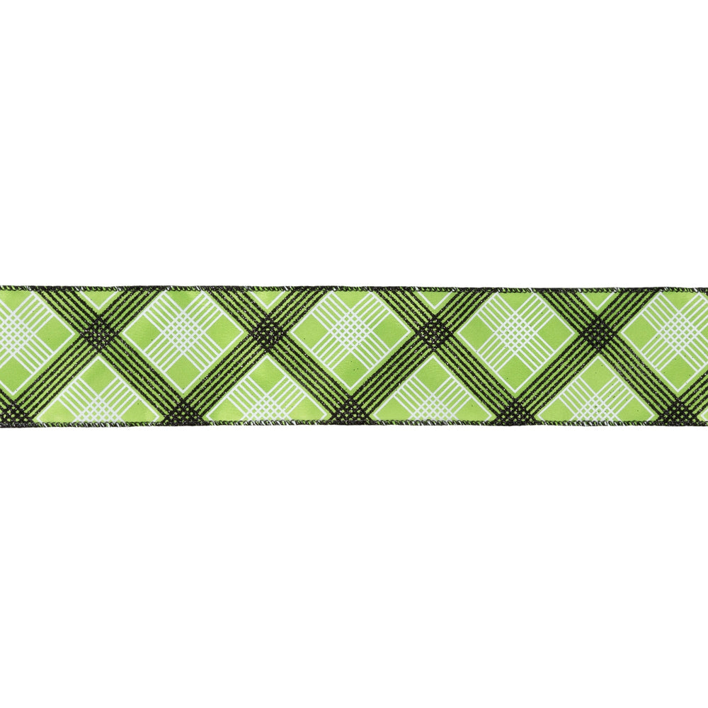 2 1/2" Wired Ribbon | Black/White Bias Plaid on Green | 10 Yard Roll LaRibbons and Crafts