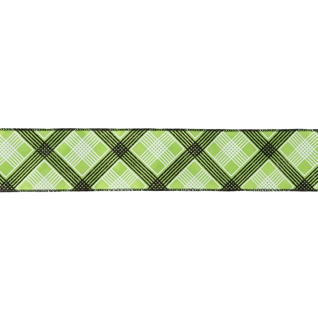 2 1/2" Wired Ribbon | Black/White Bias Plaid on Green | 10 Yard Roll LaRibbons and Crafts