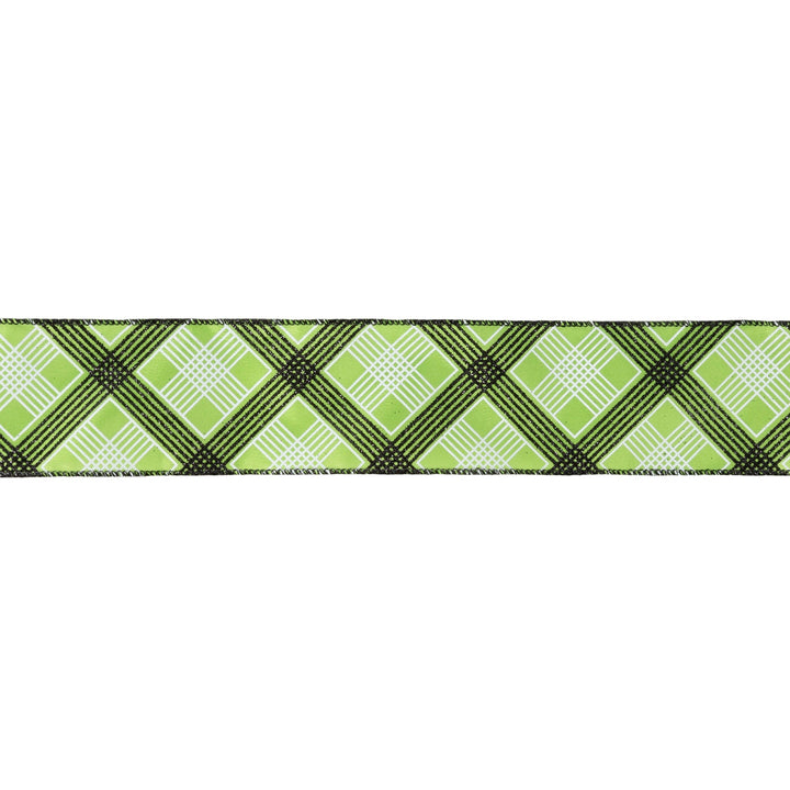 2 1/2" Wired Ribbon | Black/White Bias Plaid on Green | 10 Yard Roll LaRibbons and Crafts