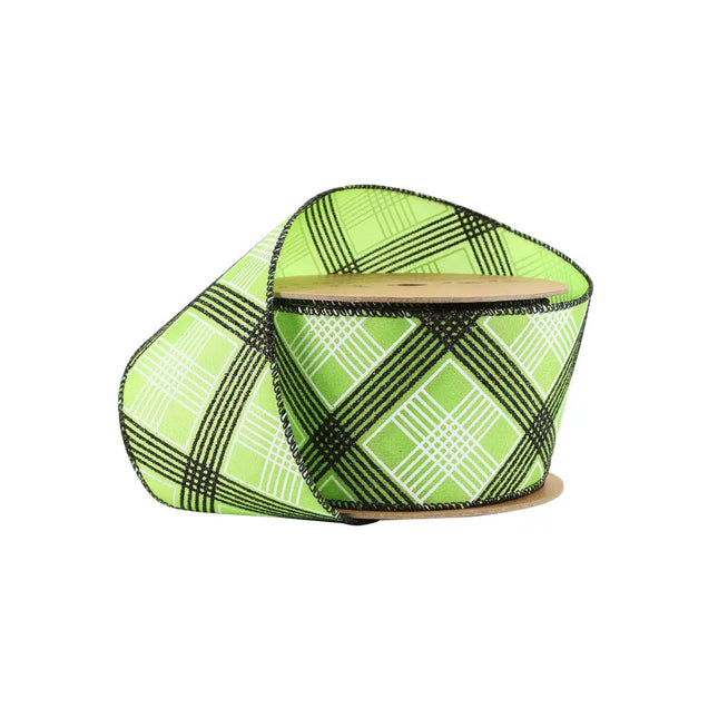 2 1/2" Wired Ribbon | Black/White Bias Plaid on Green | 10 Yard Roll LaRibbons and Crafts