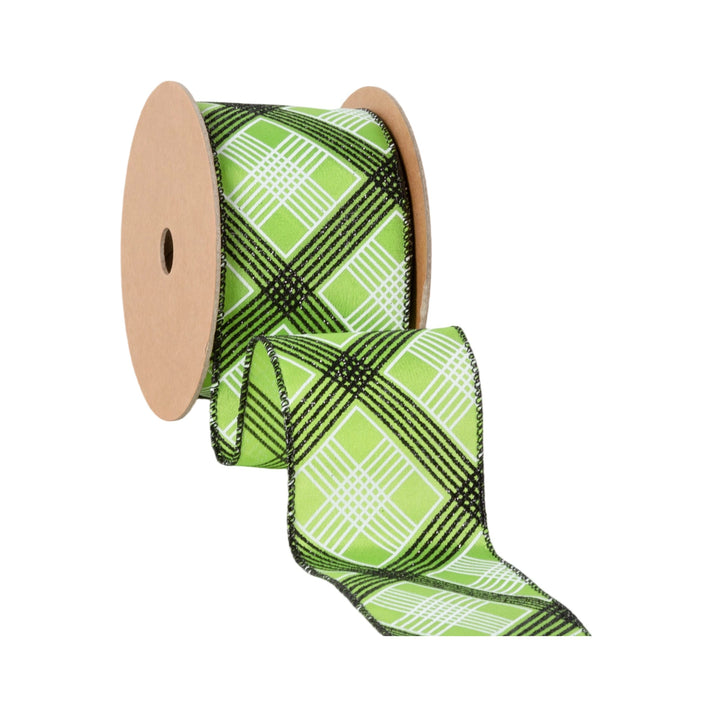 2 1/2" Wired Ribbon | Black/White Bias Plaid on Green | 10 Yard Roll LaRibbons and Crafts