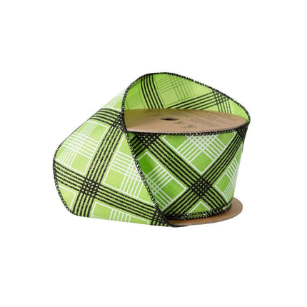 2 1/2" Wired Ribbon | Black/White Bias Plaid on Green | 10 Yard Roll LaRibbons and Crafts