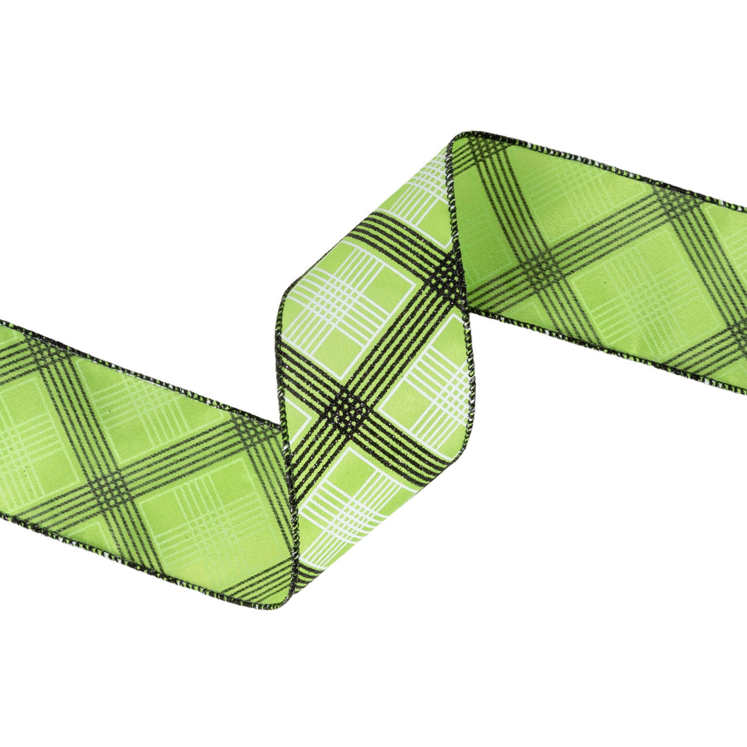 2 1/2" Wired Ribbon | Black/White Bias Plaid on Green | 10 Yard Roll LaRibbons and Crafts