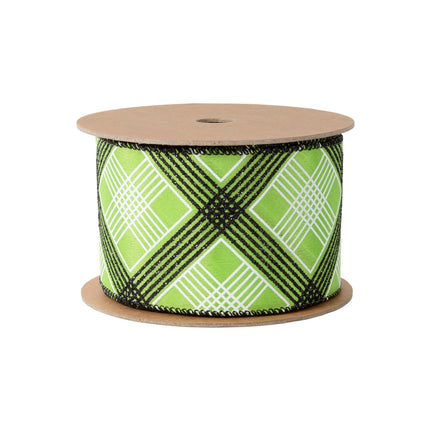 2 1/2" Wired Ribbon | Black/White Bias Plaid on Green | 10 Yard Roll LaRibbons and Crafts