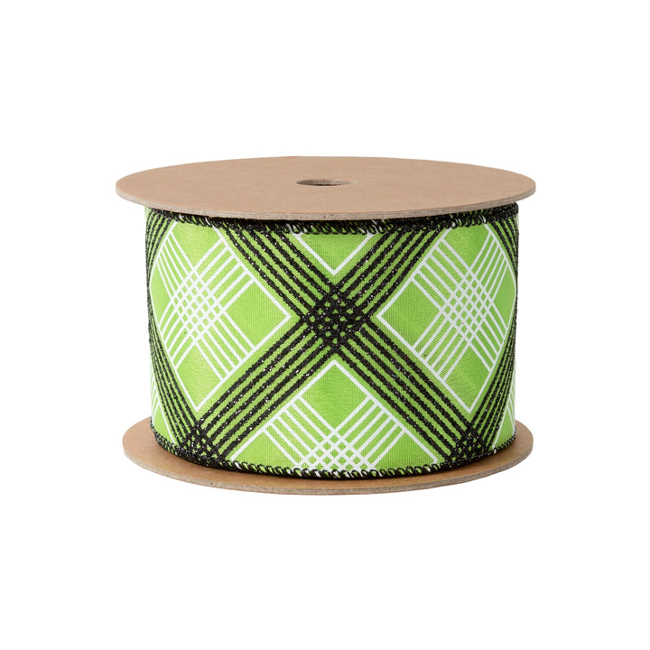 2 1/2" Wired Ribbon | Black/White Bias Plaid on Green | 10 Yard Roll LaRibbons and Crafts