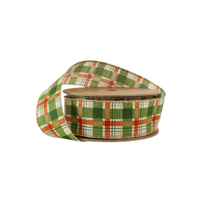 1 1/2" Wired Ribbon | Orange/Green Plaid w Gold Accent | 10 Yard Roll LaRibbons and Crafts