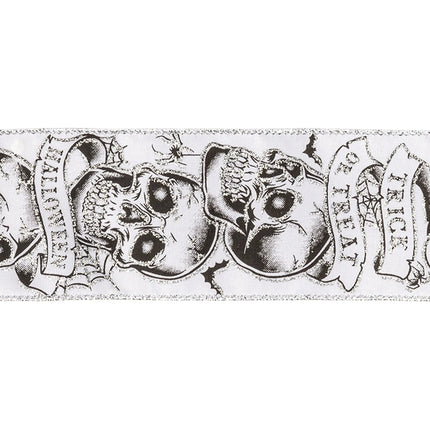 2 1/2" Wired Ribbon | Trick or Treat Skulls on White | 10 Yard Roll