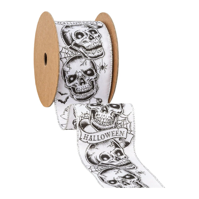 2 1/2" Wired Ribbon | Trick or Treat Skulls on White | 10 Yard Roll