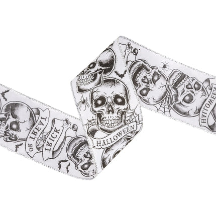 2 1/2" Wired Ribbon | Trick or Treat Skulls on White | 10 Yard Roll