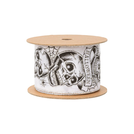 2 1/2" Wired Ribbon | Trick or Treat Skulls on White | 10 Yard Roll