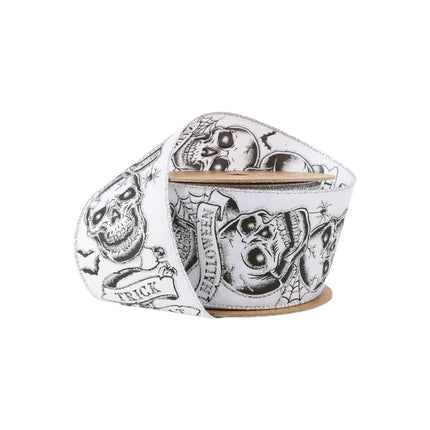 2 1/2" Wired Ribbon | Trick or Treat Skulls on White | 10 Yard Roll LaRibbons and Crafts