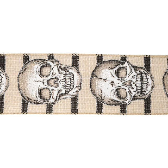 2 1/2" Wired Ribbon | Skull on White/Linen Stripe | 10 Yard Roll LaRibbons and Crafts