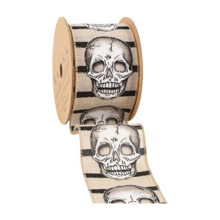 2 1/2" Wired Ribbon | Skull on White/Linen Stripe | 10 Yard Roll LaRibbons and Crafts