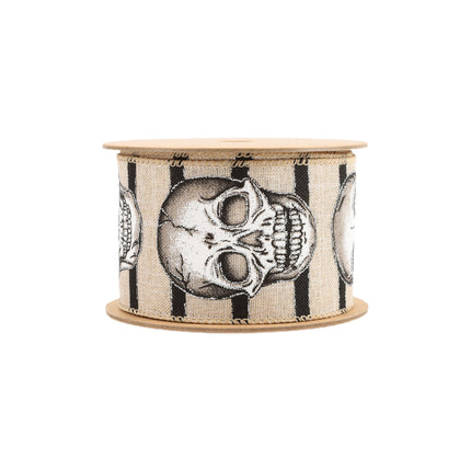 2 1/2" Wired Ribbon | Skull on White/Linen Stripe | 10 Yard Roll LaRibbons and Crafts