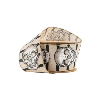 2 1/2" Wired Ribbon | Skull on White/Linen Stripe | 10 Yard Roll LaRibbons and Crafts