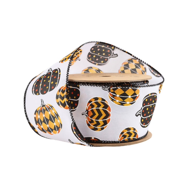 2 1/2" Wired Ribbon | Black/Orange Pumpkin on White | 10 Yard Roll LaRibbons and Crafts