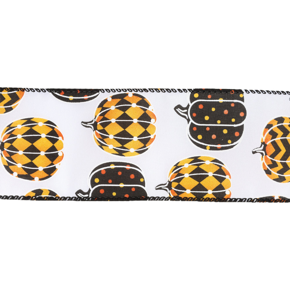 2 1/2" Wired Ribbon | Black/Orange Pumpkin on White | 10 Yard Roll LaRibbons and Crafts