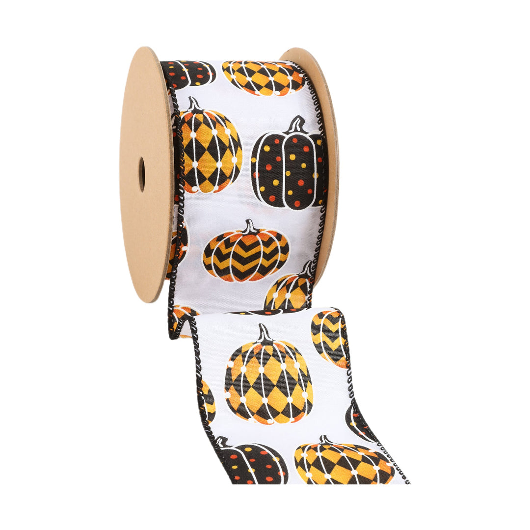 2 1/2" Wired Ribbon | Black/Orange Pumpkin on White | 10 Yard Roll LaRibbons and Crafts
