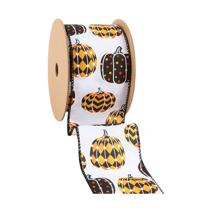 2 1/2" Wired Ribbon | Black/Orange Pumpkin on White | 10 Yard Roll LaRibbons and Crafts