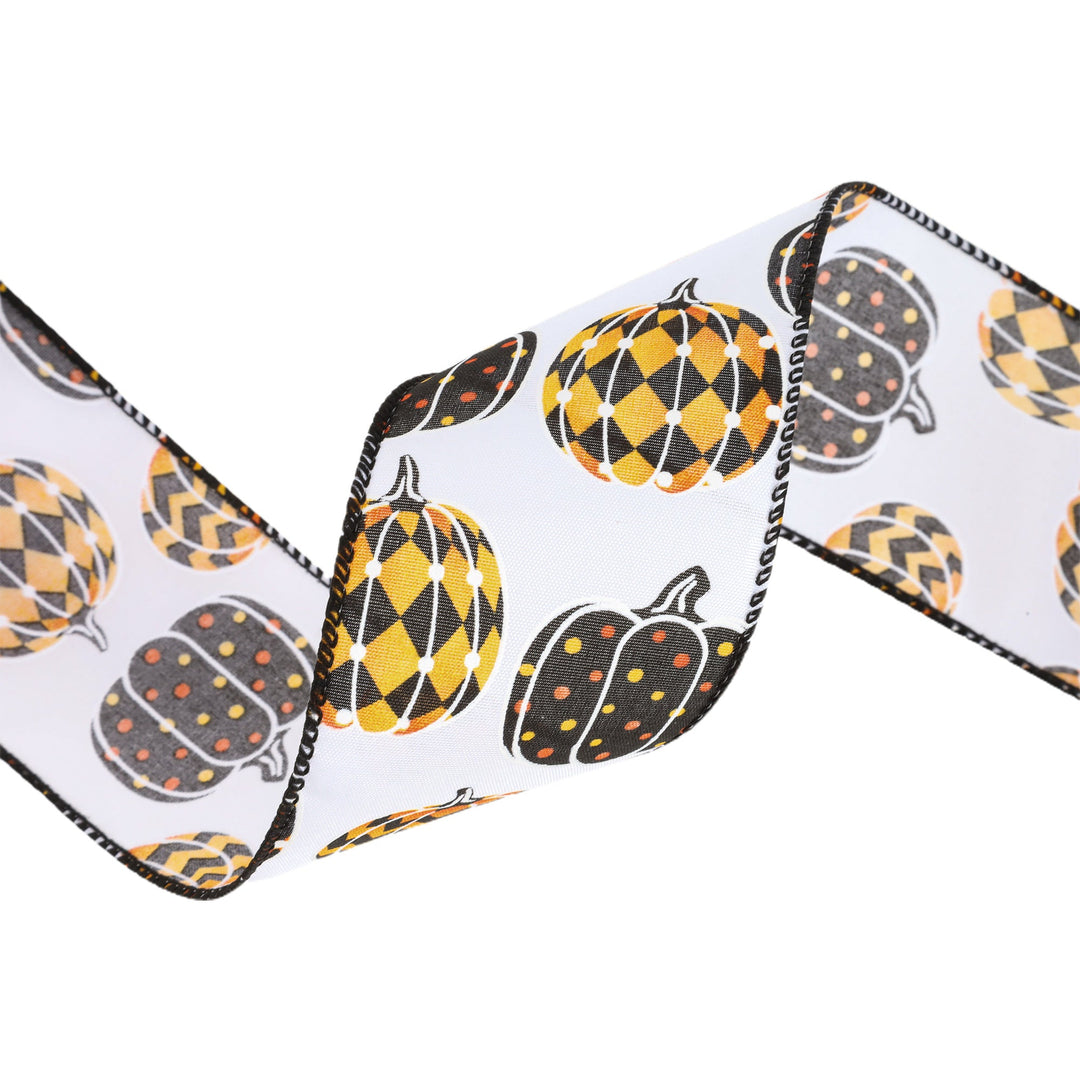 2 1/2" Wired Ribbon | Black/Orange Pumpkin on White | 10 Yard Roll LaRibbons and Crafts