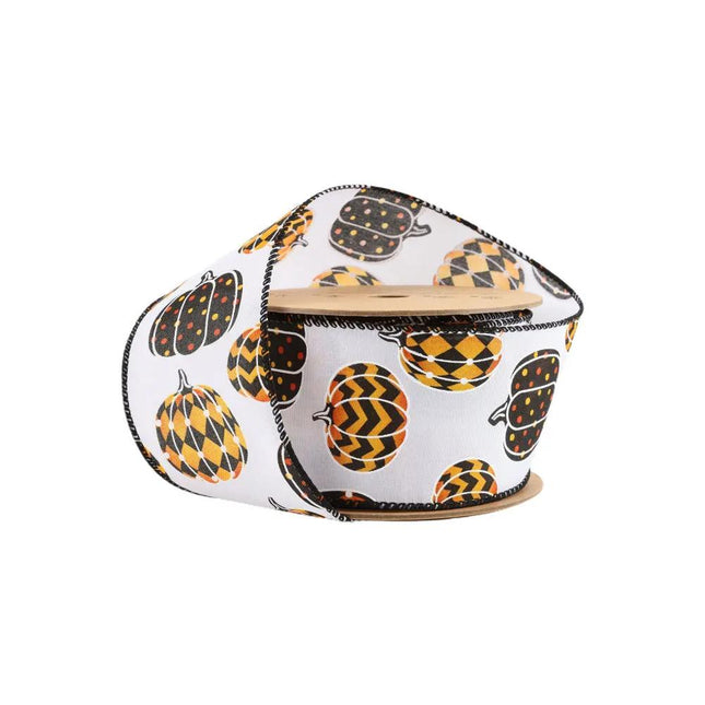 2 1/2" Wired Ribbon | Black/Orange Pumpkin on White | 10 Yard Roll LaRibbons and Crafts