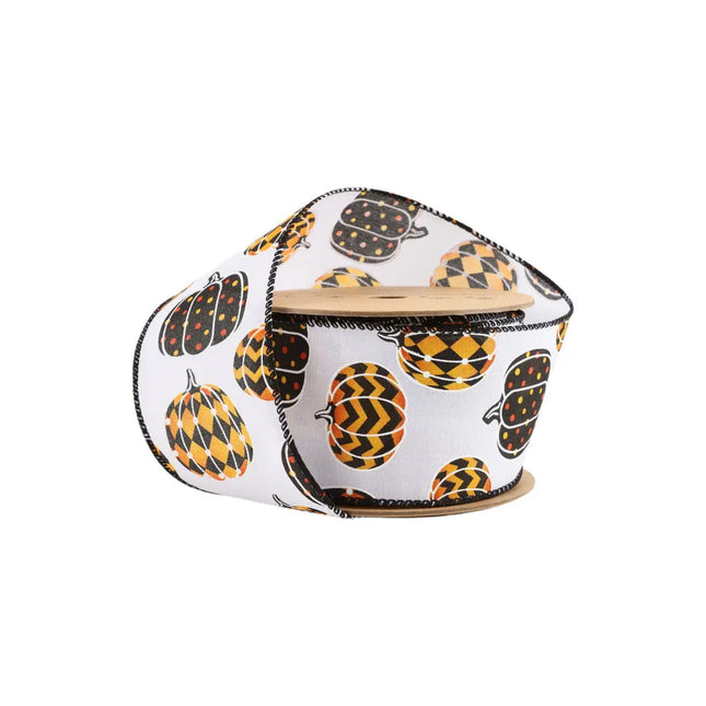 2 1/2" Wired Ribbon | Black/Orange Pumpkin on White | 10 Yard Roll LaRibbons and Crafts