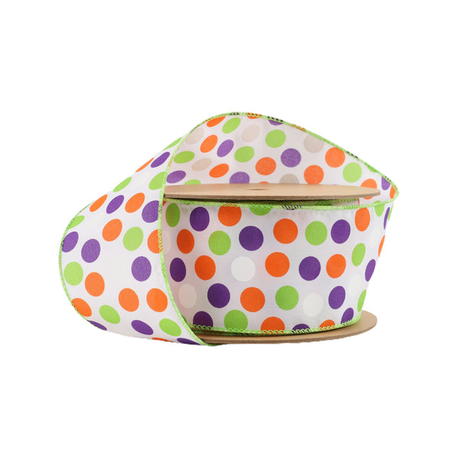 2 1/2" Wired Ribbon | Multi-Colored Dots on White | 10 Yard Roll LaRibbons and Crafts