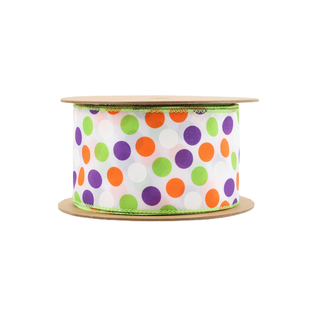 2 1/2" Wired Ribbon | Multi-Colored Dots on White | 10 Yard Roll LaRibbons and Crafts