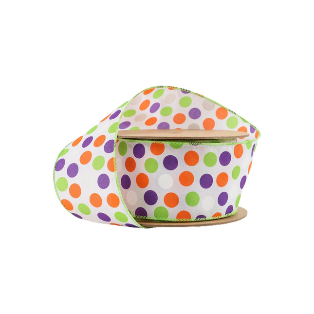 2 1/2" Wired Ribbon | Multi-Colored Dots on White | 10 Yard Roll LaRibbons and Crafts