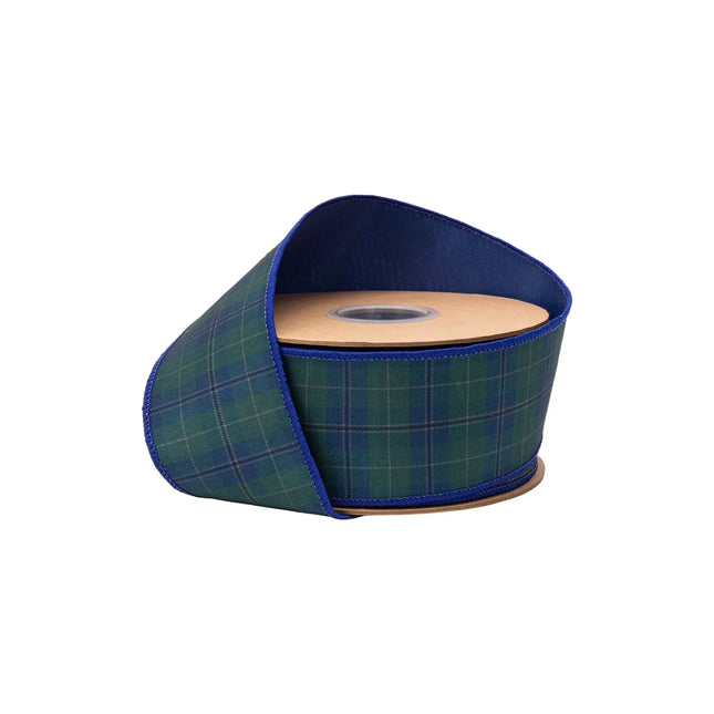 2 1/2" wired dupioni ribbon, blue and green classic plaid with solid blue backing, for holiday decor