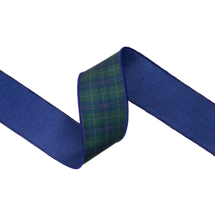 2 1/2" dupioni plaid ribbon, blue and green classic pattern with solid blue backing, ideal for gift wrapping